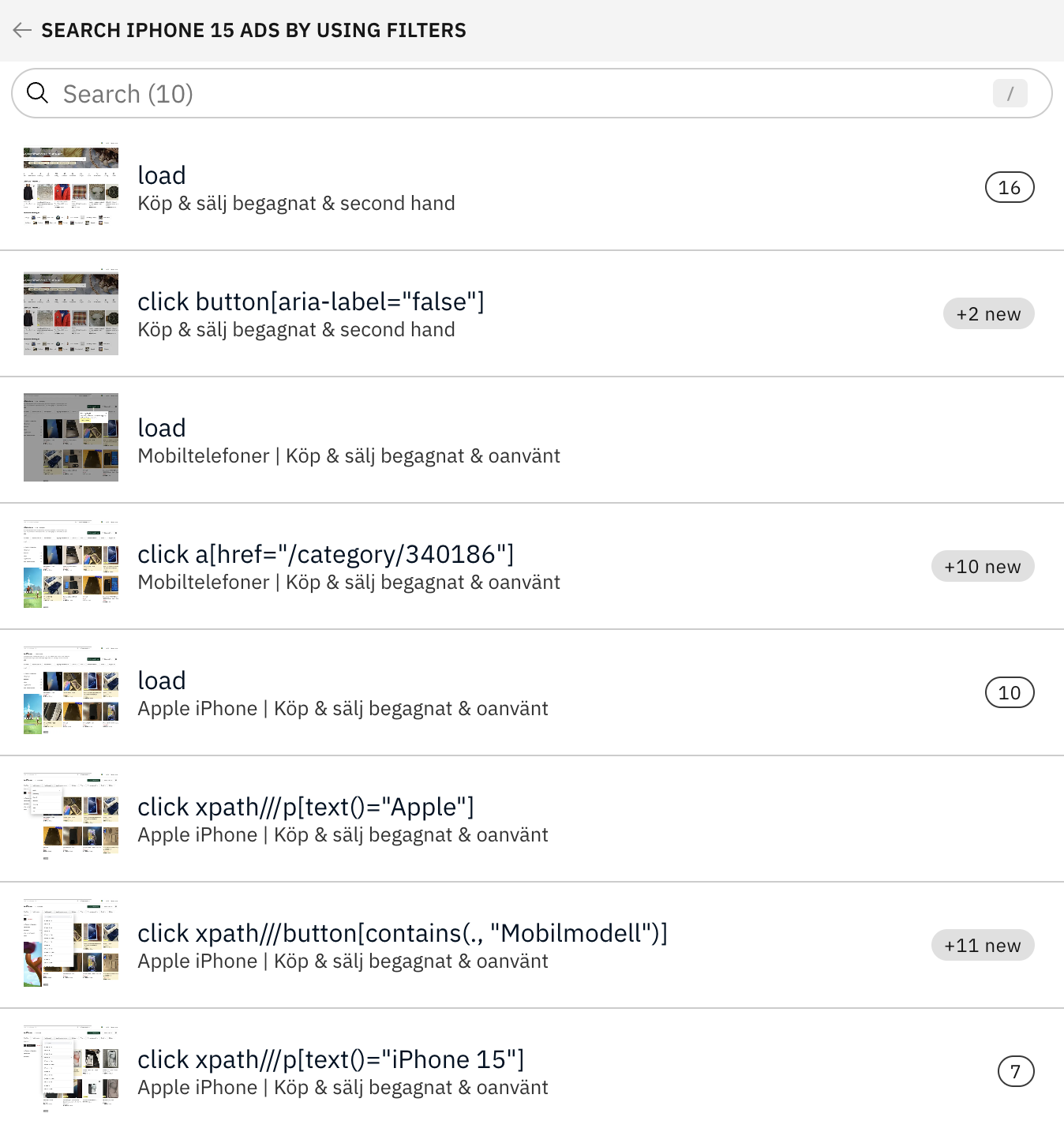 Screenshot of a user flow for searching for a specific model of smartphone on a marketplace by interacting with search and filtering controls. Accessibility defects found on each step are shown.